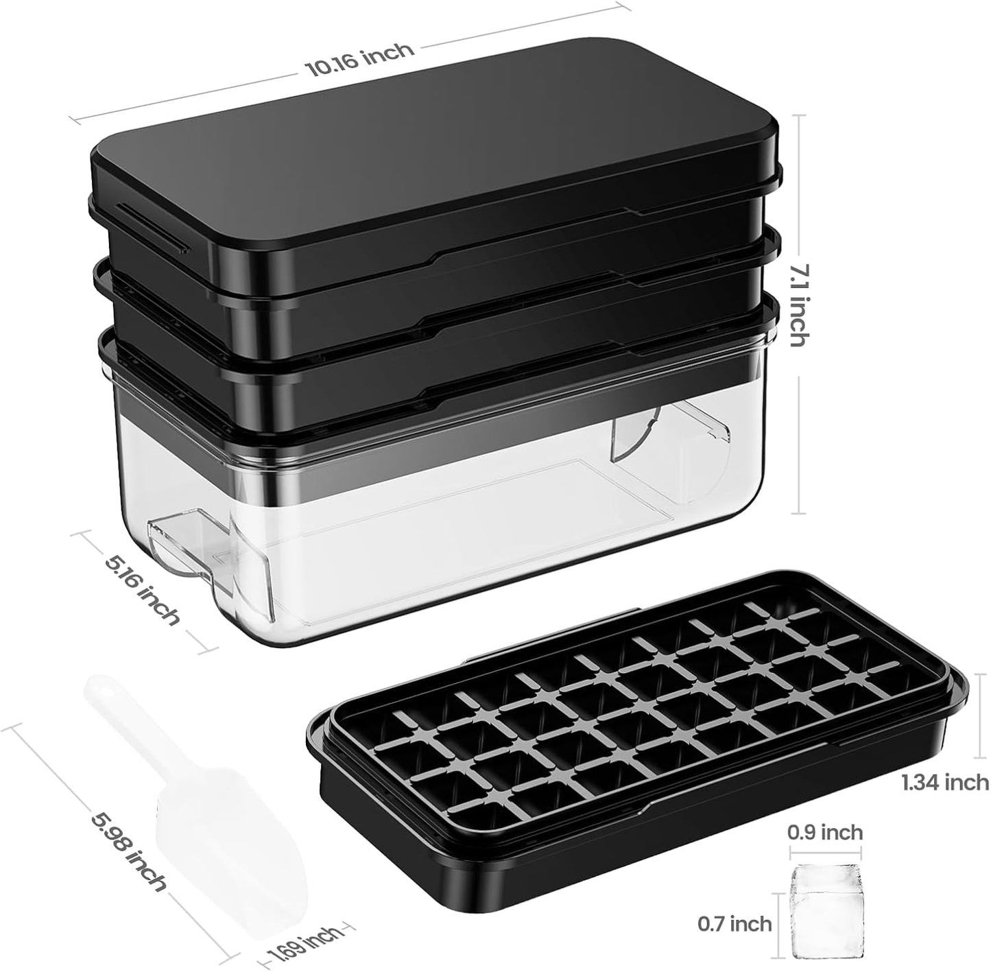 PHINOX Ice Cube Tray with Lid and Bin, 3 Pack Plastic Ice Cube Tray Molds, 96(4*8*3) pcs Ice Trays for freezer, Chilling Drinks, Whiskey & Cocktails, with Ice Container and Ice Scoop, BPA-Free, Black