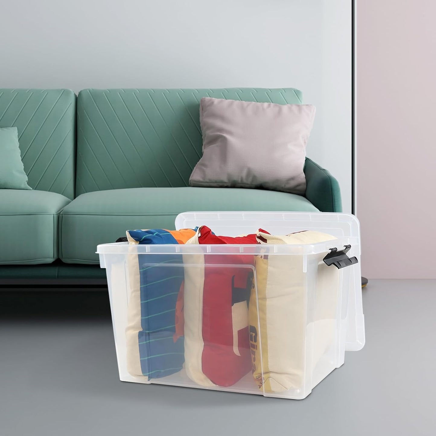 4-Pack 50 L Clear Plastic Storage Bin, Large Clear Latch Box with Wheels