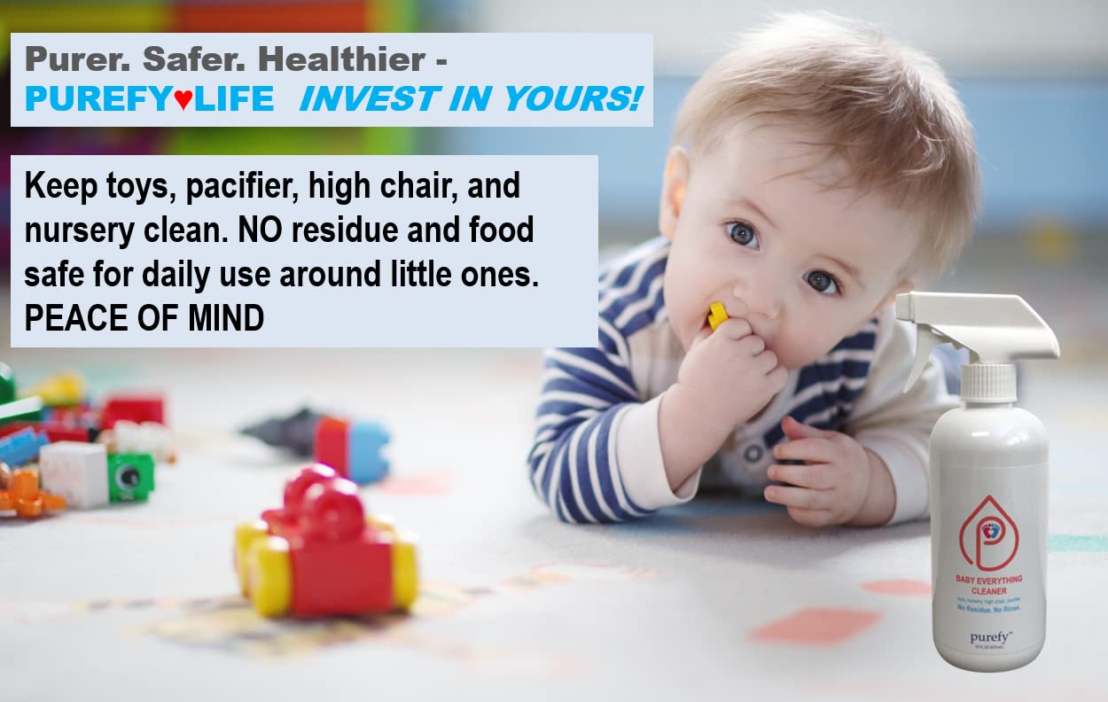 PUREFY Baby Everything Cleaner (16oz + Concentrate Makes 80oz) Hypoallergenic. Hypochlorous Technology. No Residue. Unscented. No Rinse. Baby Safe cleaner for Toys, Pacifier, High Chair, and Nursery. Fine Spray for Everywhere Everything.