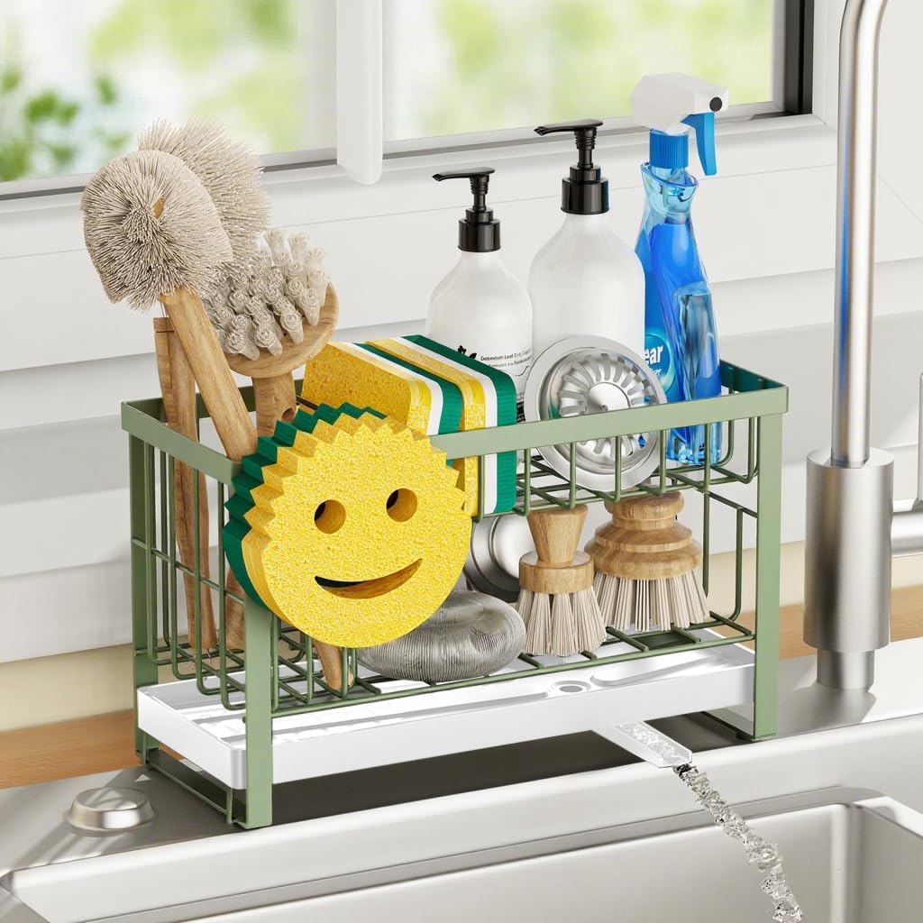 Sponge Holder for Kitchen Sink with Flexible Sink Caddy Smiley Face,2 Tier Kitchen Sponge Holder Countertop and Storage Essentials,Soap Dispenser Organize,Home Decor Accessories-Green