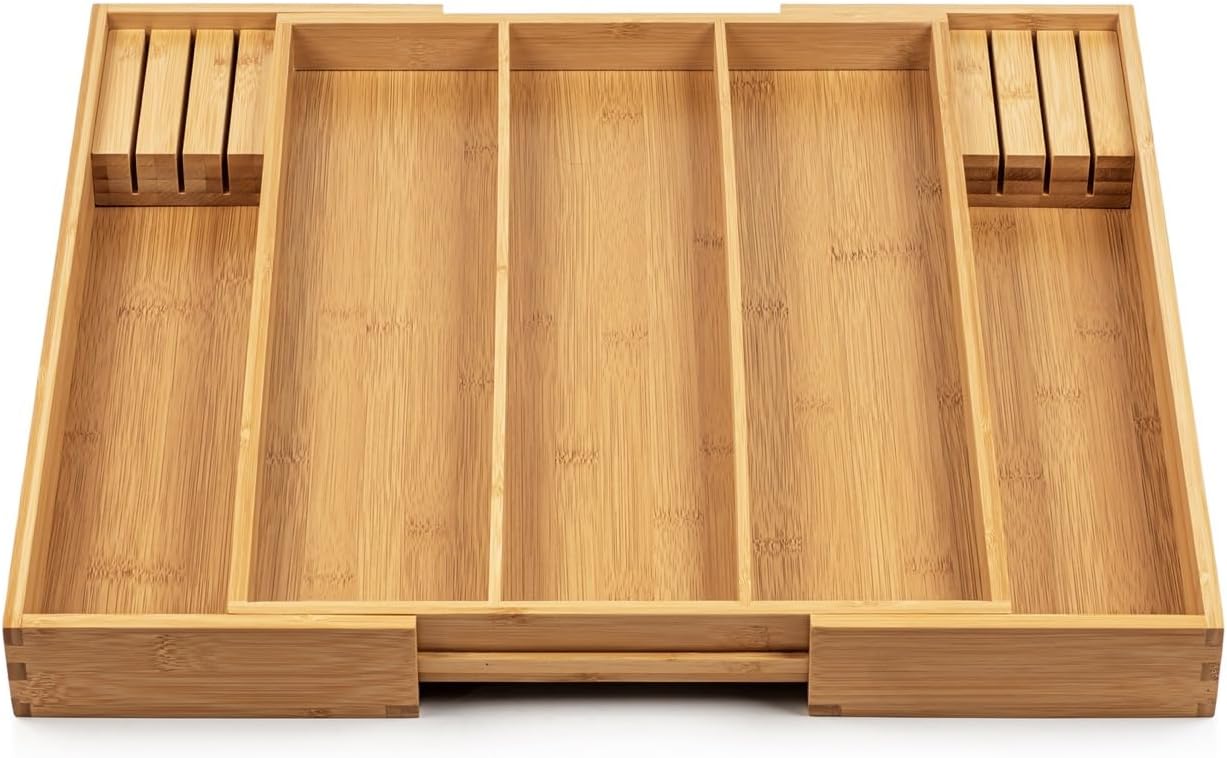 Purawood Kitchen Drawer Organizer with Knife Blocks - Utensil Drawer Organizer for Kitchen, Cutlery Tray & Silverware Organizer, 3-5 Slots - Bamboo Organizer for Utensils & Flatware (Natural)