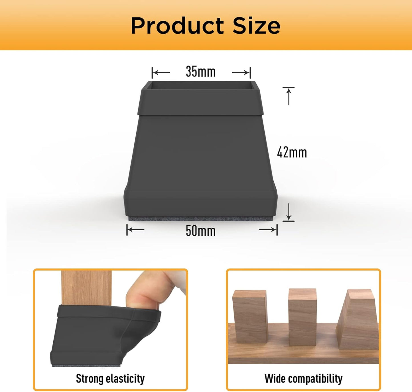 16 PCS Square Chair Leg Floor Protector, Silicone Chair Leg Cover, Furniture Leg Protectors with Felt, Mobile Table Leg Pad, Protect The Floor from Scratches.2 in Black.