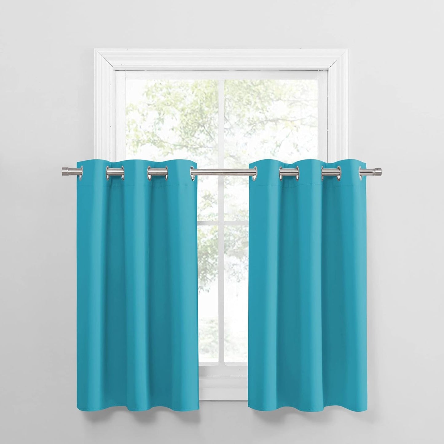 PONY DANCE Bathroom Window Valances - (34 by 36 inches, Blue Mist, 2 Panels) Room Darkening Tier Curtains Short Panels Drapes for Small Half Window Decoration in Kitchen
