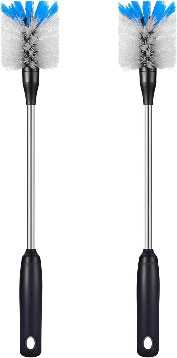 Stainless Steel Bottle Brush with Replaceable Head, 2 Pack Long Handle Scrubbing Brush for Water Bottles, Glasswares, Mugs, Flasks, Tumblers, Vases, and Kitchen Sink, 15 in
