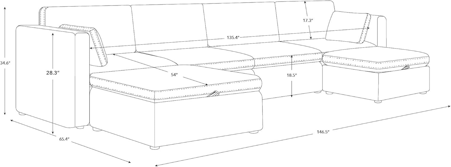 CHITA Oversized Modular Sectional Sofa, FSC Certified U Shaped Couch with Reversible Chaise Modular Sectional Couch,146 inch Width, 6 Seat Modular Sofa with Storage Ottomans, Moss Green