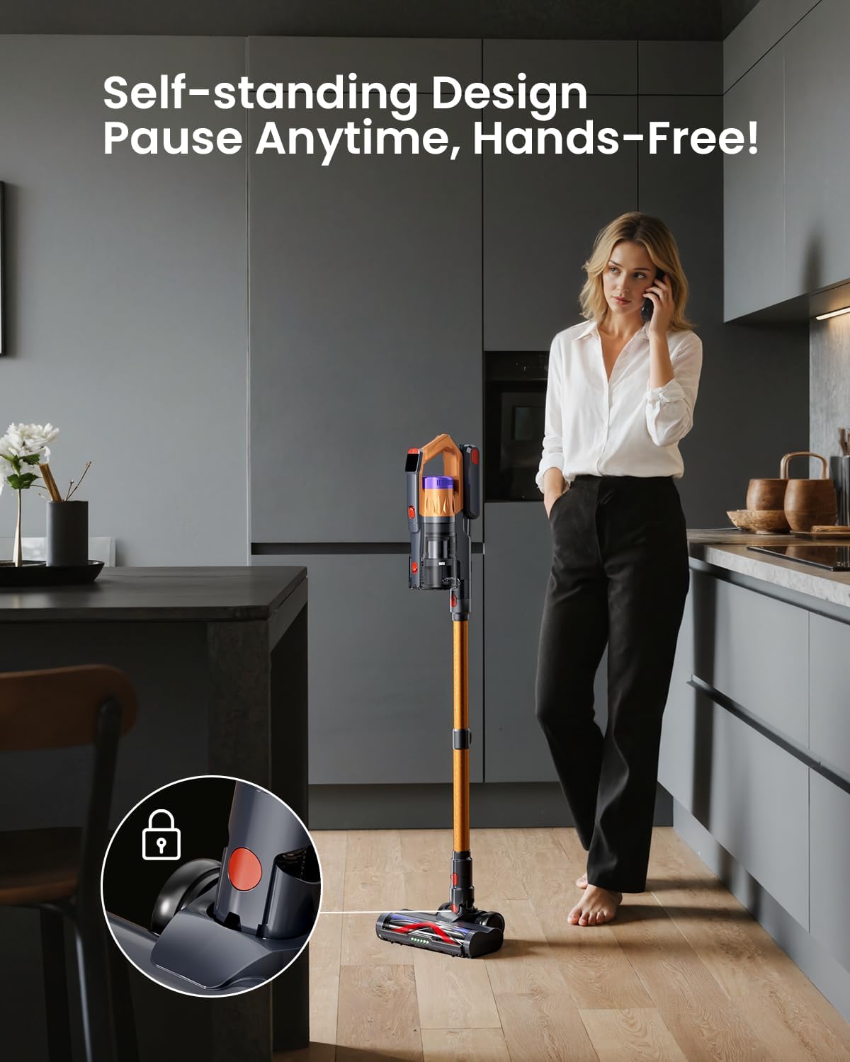 Cordless Vacuum Cleaner for Home, Upgraded 60Kpa Powerful Suction Pet Hair Vacuum with 70min Runtime, Green LED Light for Hardwood Floors & Carpet, Self-Standing Rechargeable Stick Vacuum