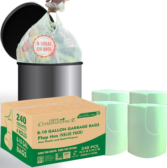8-10 Gallon Flap Tie Compostable Trash Bags, 240 Count, Compost Bags Kitchen Trash Bags, Sturdy Biodegradable Garbage Bags Food Scrap Waste Bags, ASTM D6400, US BPI Certified, Green