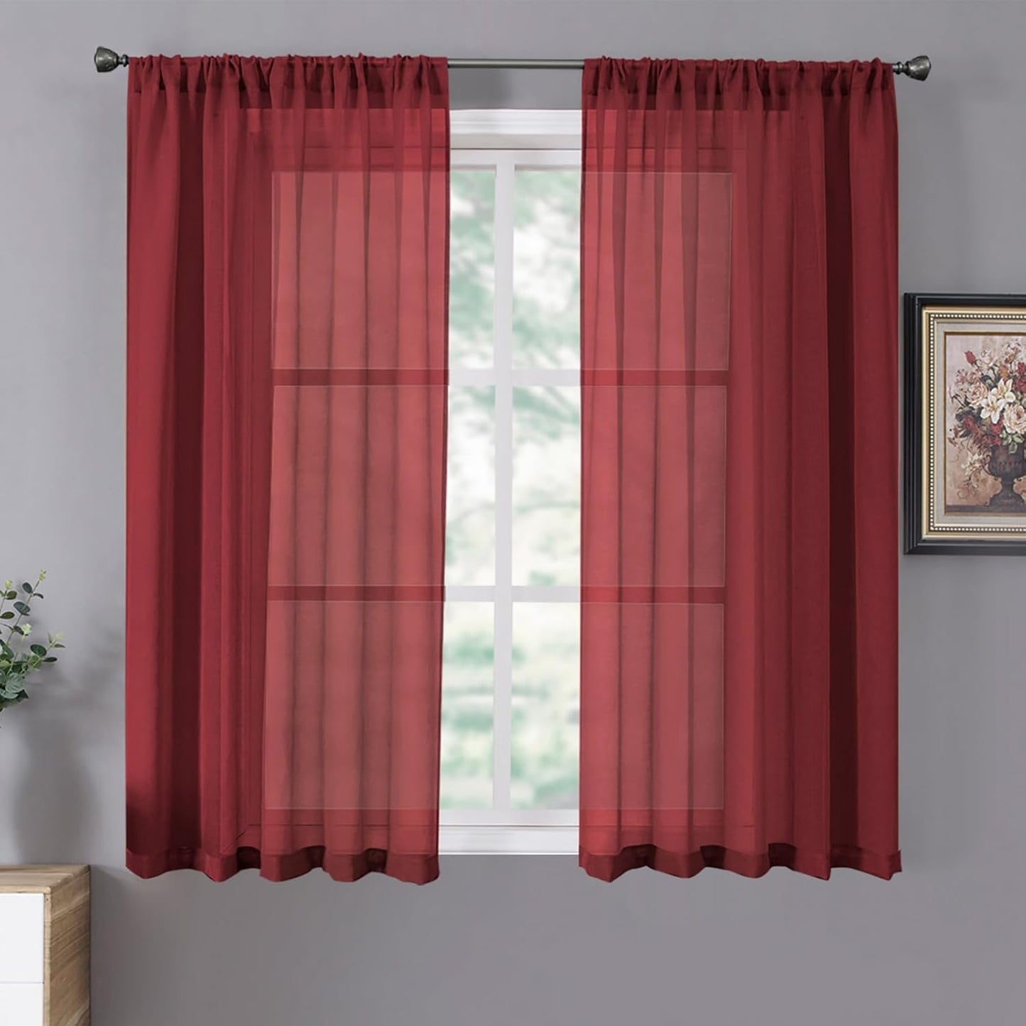 Tollpiz Sheer Curtains Linen Textured Living Room Curtain Sheers Light Filtering Rod Pocket Voile Curtains for Bedroom, 42 x 63 inches Long, Burgundy Red, Set of 2 Panels