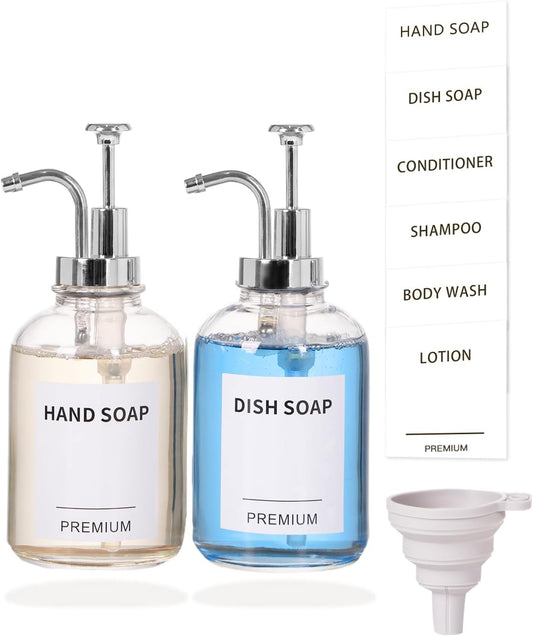 12oz Dish Soap Dispenser for Kitchen, Hand Glass Soap Dispenser Set with Pump, Tray, Funnel for Bathroom, Shower, Laundry, Liquid, Lotion (Silver 2 Pack Clear Bottles with 12 Stickers)