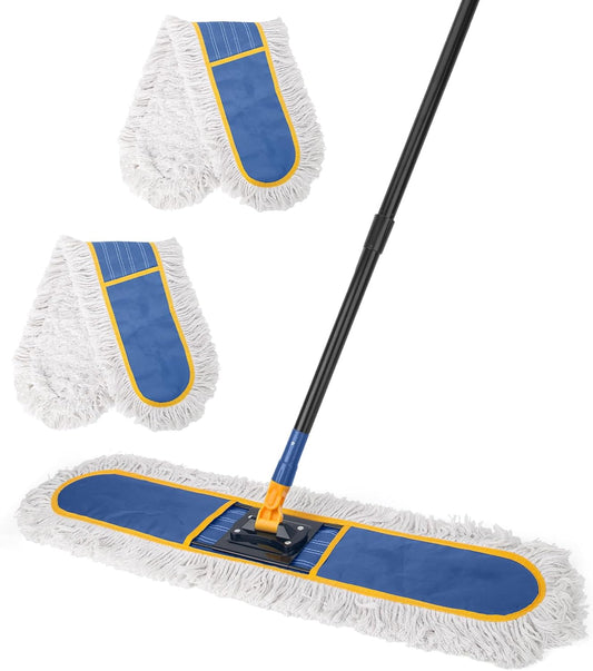 24" Commercial Dust Mop for Floor Cleaning,Heavy Duty Floor Duster with 2 Cotton Reusable Mop Pads,59” Long Handle Wet Dry Flat Mops for Hardwood Floors,Marble, Laminate,Tile,Concrete,Garage (Blue)