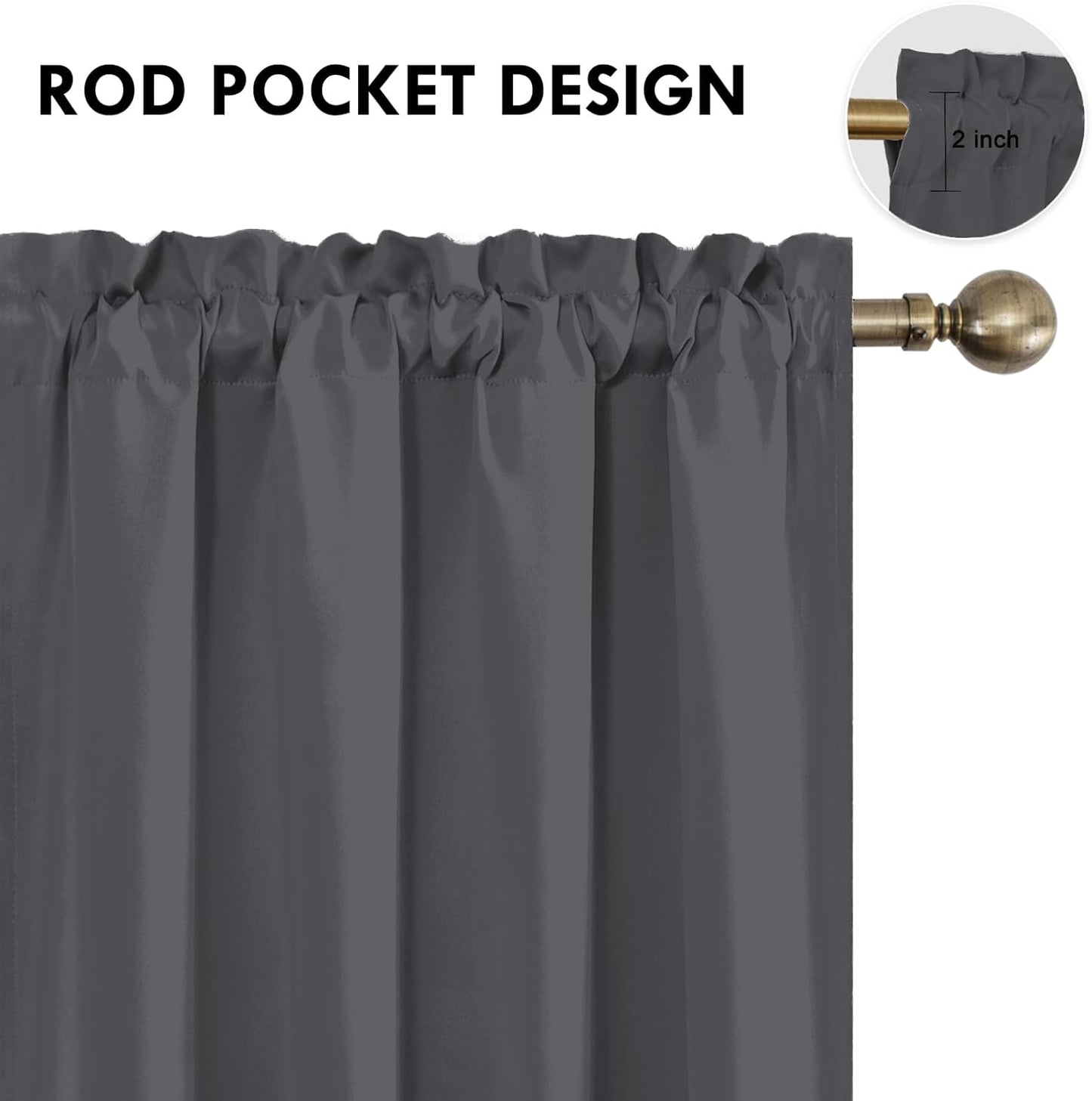 DWCN Bedroom Curtains Blackout Drapery Panels 54 Inch Length 2 Panels Set, Three Pass Microfiber Thermal Insulated Energy Saving Rod Pocket Window Treatment Drapes (W52 x L54 Inch, Dark Grey)