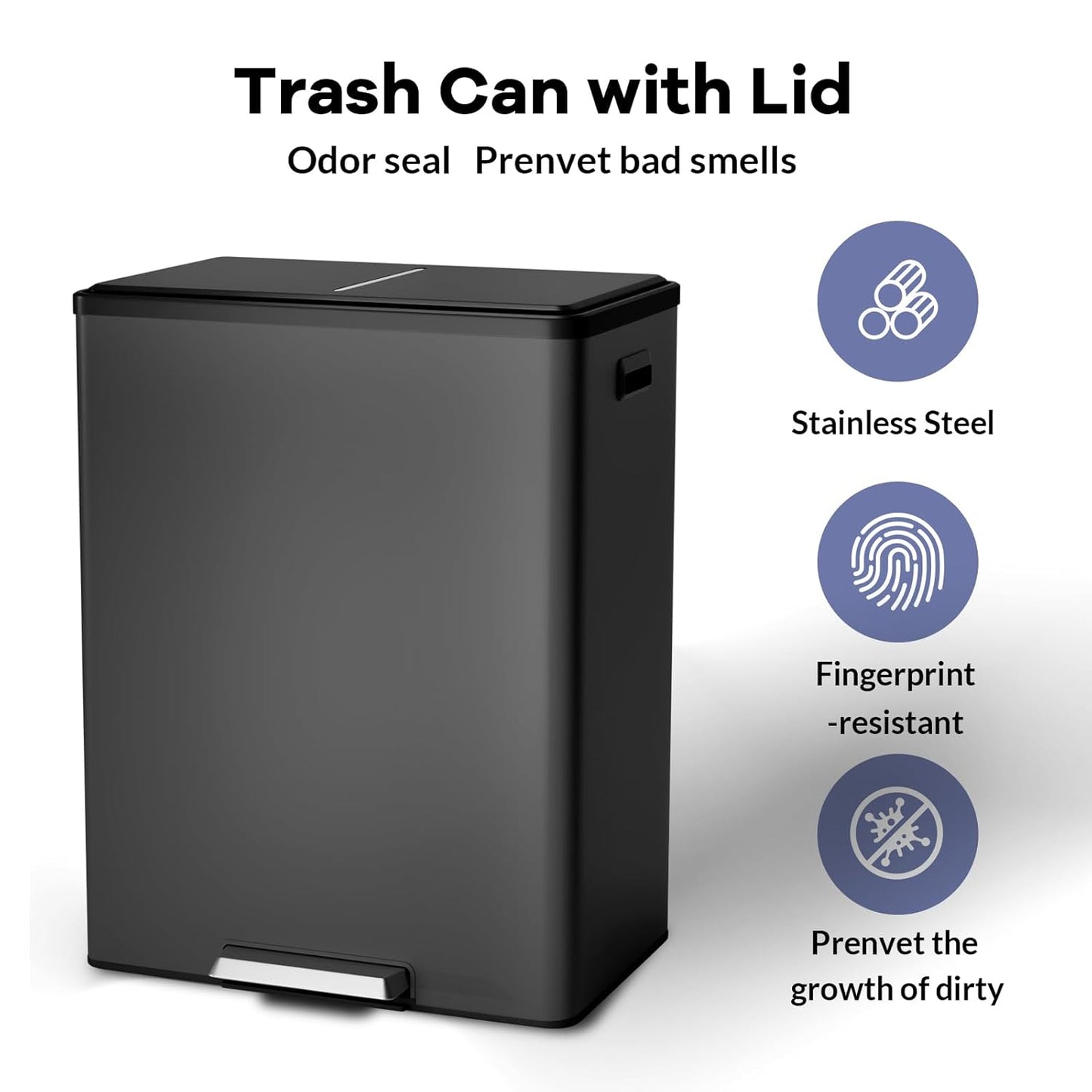 GarveeHome Step Dual Trash Can, 60L/16 Gallon Recycle Bins with Lid, 2 Removable Wastebusket, Step Pedal, Large Stainless Steel Double Trash Bin for Kitchen, Bathroom