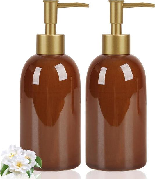 Natheeph 14OZ Ceramic Soap Dispenser Ceramic Soap Pump Dispenser Can Fill Liquid for Bathroom/Kitchen (2PC Brown)