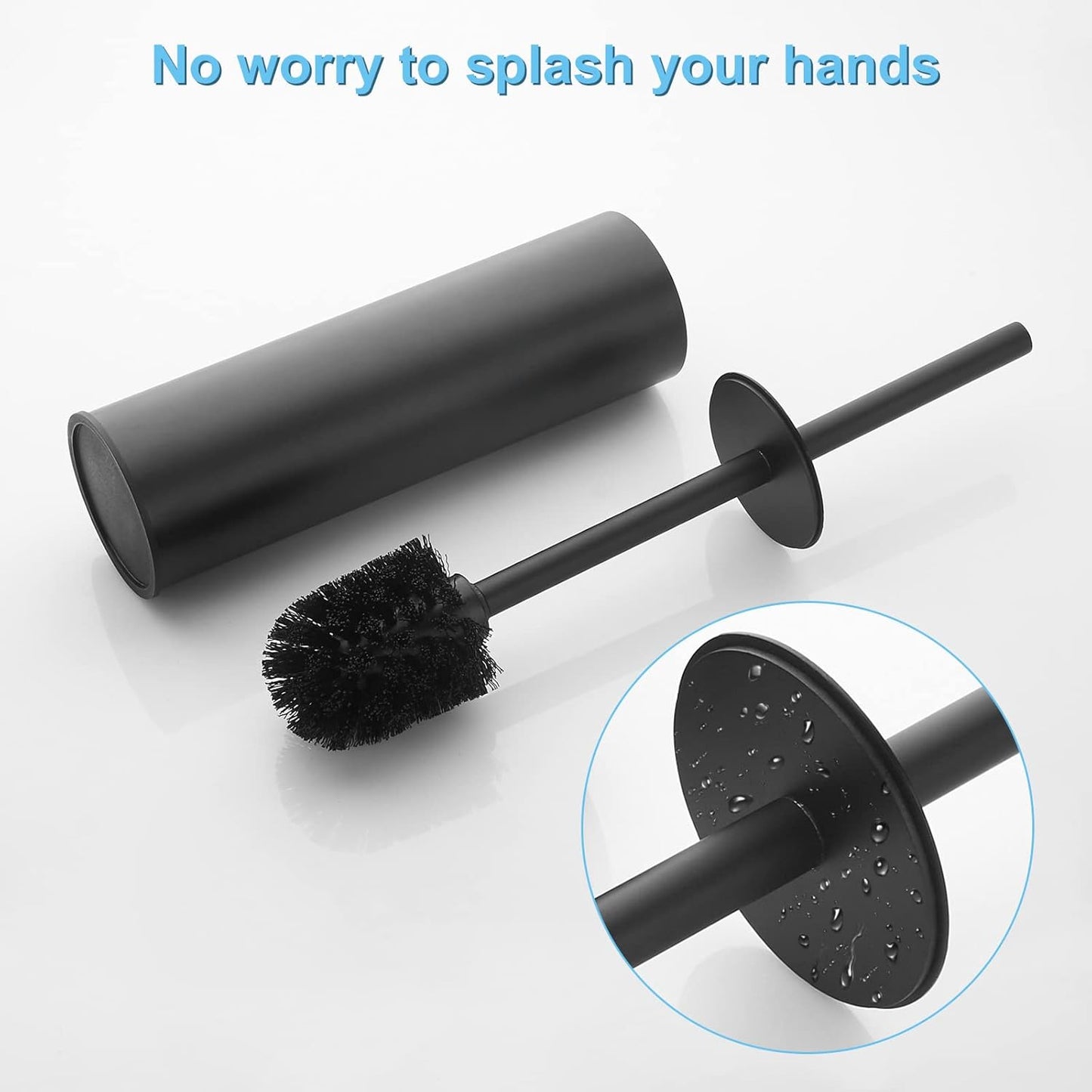 Toilet Brush and Holder Set Black Stainless Steel, 304 Heavy Duty Round Toilet Brush Set – Rust Resistant, Long Handle, Replacement Heads, Floor Standing Bathroom Toilet Cleaning Brush