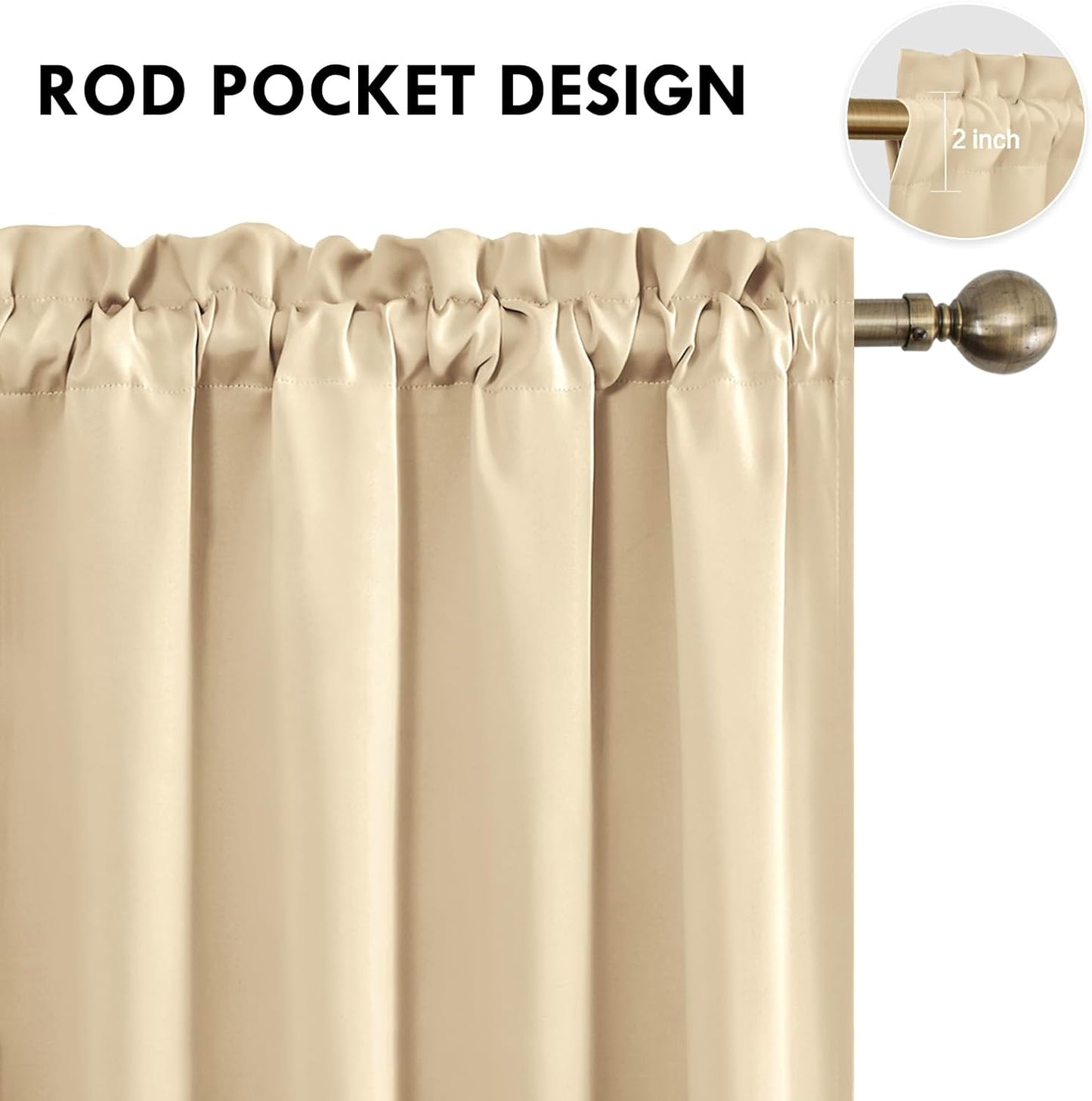 DWCN Beige Blackout Curtains for Bedroom – Rod Pocket Thermal Insulated Energy Saving Drapes for Living Room and Bedroom, W 42 x L 45 Inch, 2 Panels