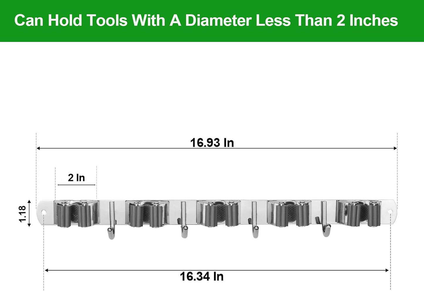 voze [2 Pack] 5 Racks and 4 Hooks Mop and Broom Holder Wall Mount, Self Adhesive Heavy Duty Broom Organizer Storage Tool Racks for Kitchen Garden Laundry Garage, Silver