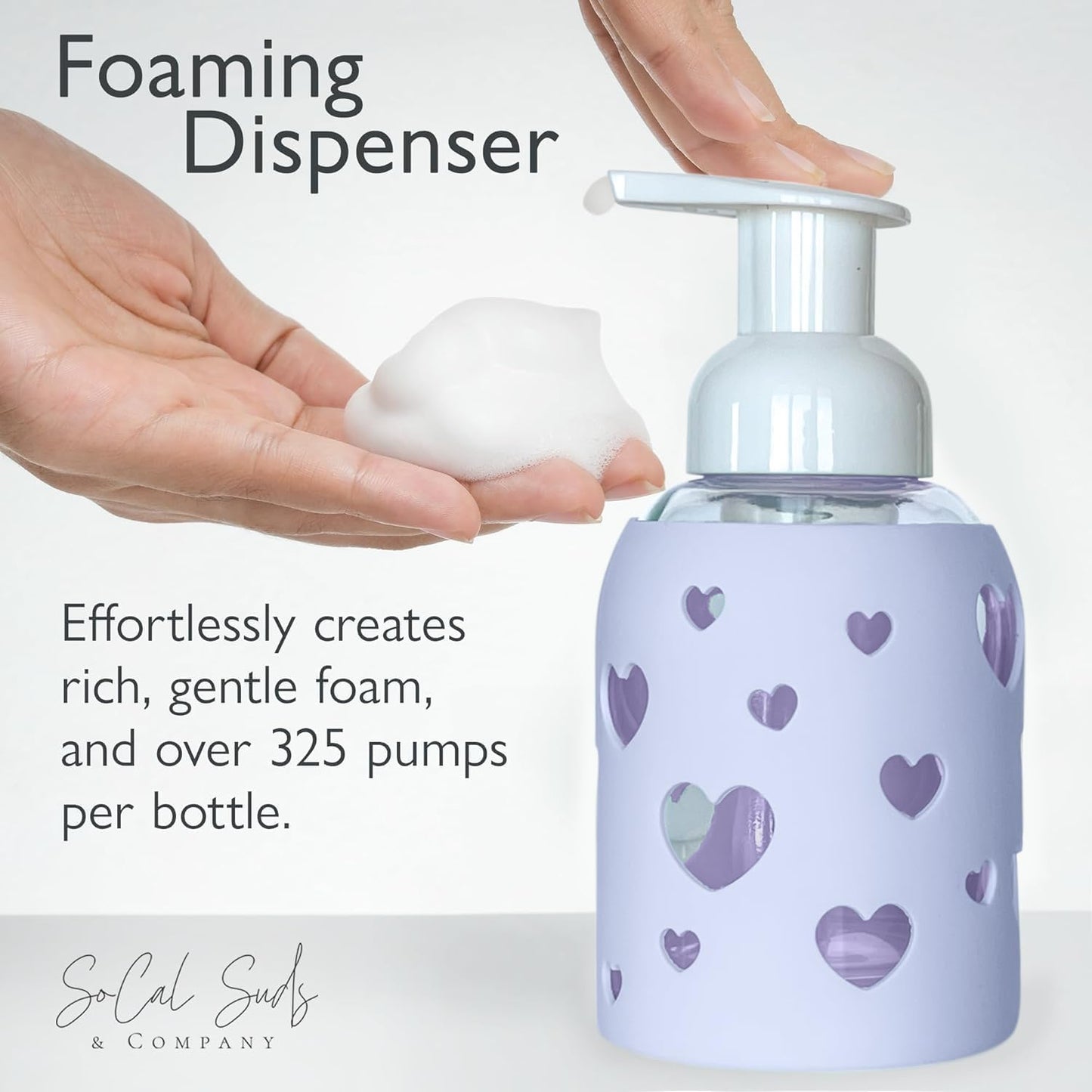 SoCal Suds & Company Glass Foaming Hand Soap Dispenser, Heart Silicone Sleeve, Refillable Pump Bottle for Kids, Baby Wash & Shampoo, Ideal for Home Use, Soft Purple 8oz
