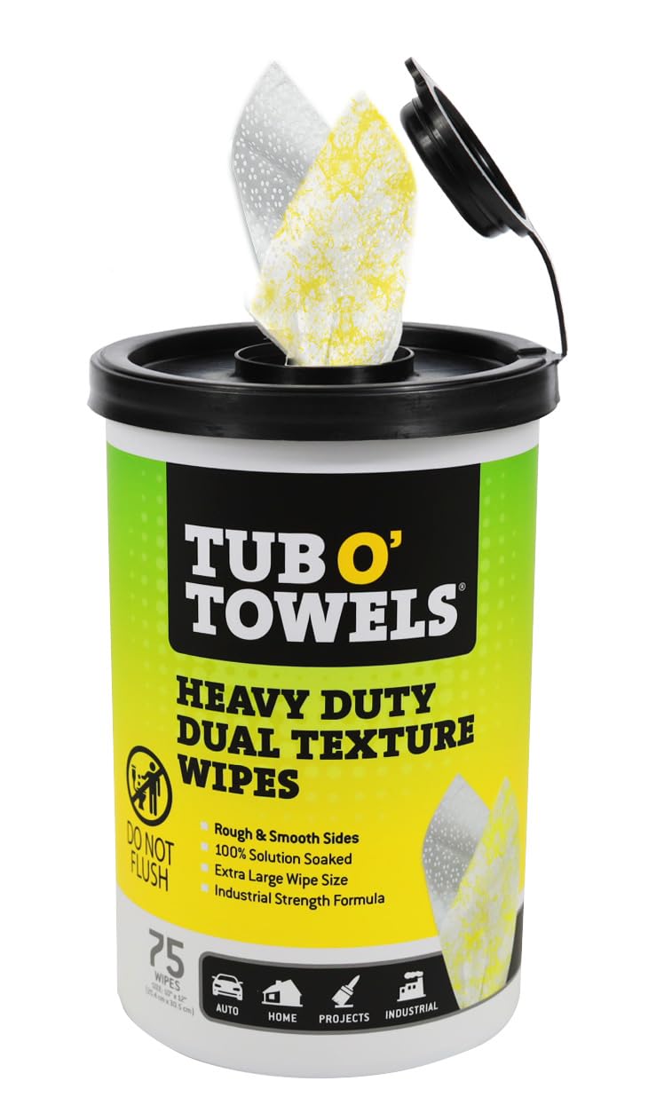 Tub O’ Towels TW75 Heavy-Duty 10" x 12" Size Multi-Surface Cleaning Wipes, Dual Texture, 75 Count Per Canister