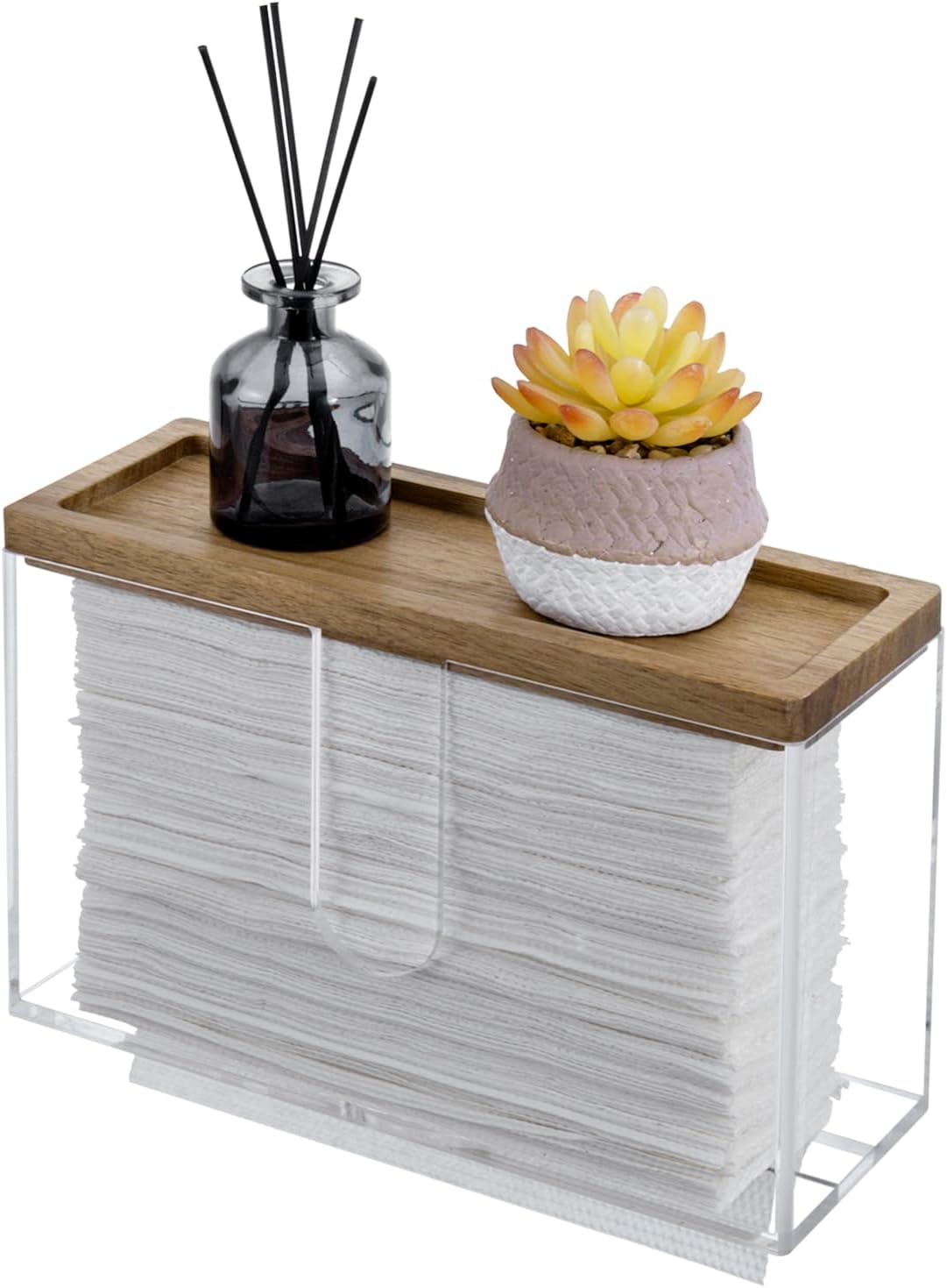 MyGift Deluxe Modern Metal Folded Commercial Paper Towel Holder with Rustic Burnt Solid Wood Tray Lid, Wall Mounted Trifold Multifold Z Fold Disposable Napkin Dispenser (Acrylic & Acacia Wood)