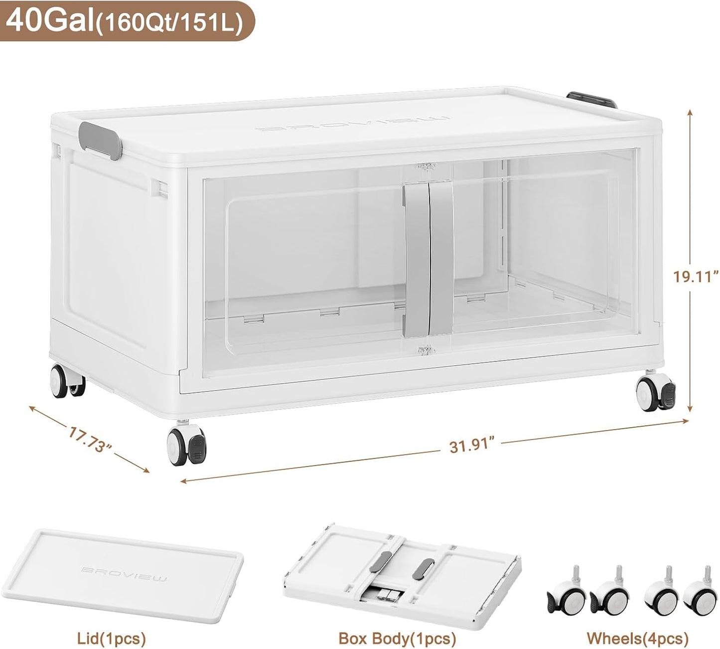 BROVIEW 160QT Stackable Storage Bins with Lids, 40Gal Extra Large Collapsible Storage Box with Wheel, Plastic Storages with Clear Door Open Front for Home Kitchen Garage, White-1pack(1 lid)