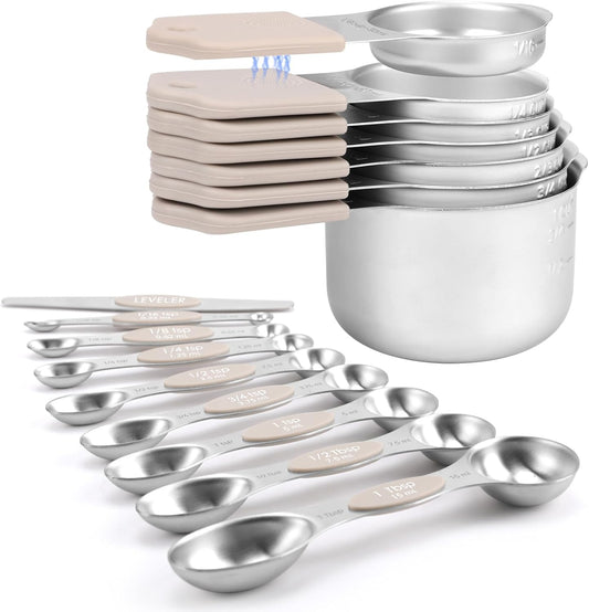 Magnetic Measuring Cups and Spoons Set-Heavy Duty 304 Stainless Steel，Double Measurement Markings，Set of 16 with Leveler for Measure Dry and Liquid Ingredients (khaki)