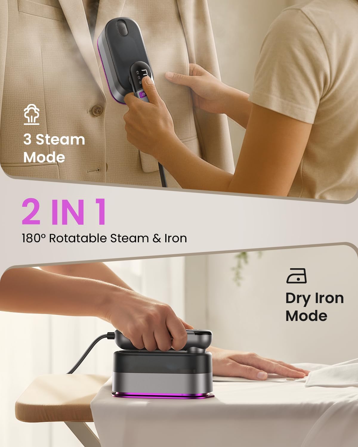 2-in-1 Handheld Steamer and Iron for Clothes, 1000W Travel Steamer with Ceramic Soleplate, 9s Fast Heat-Up, Leak-Proof 170mL Tank, Self-Clean, Portable Wrinkle Remover for Home & Travel, 120V