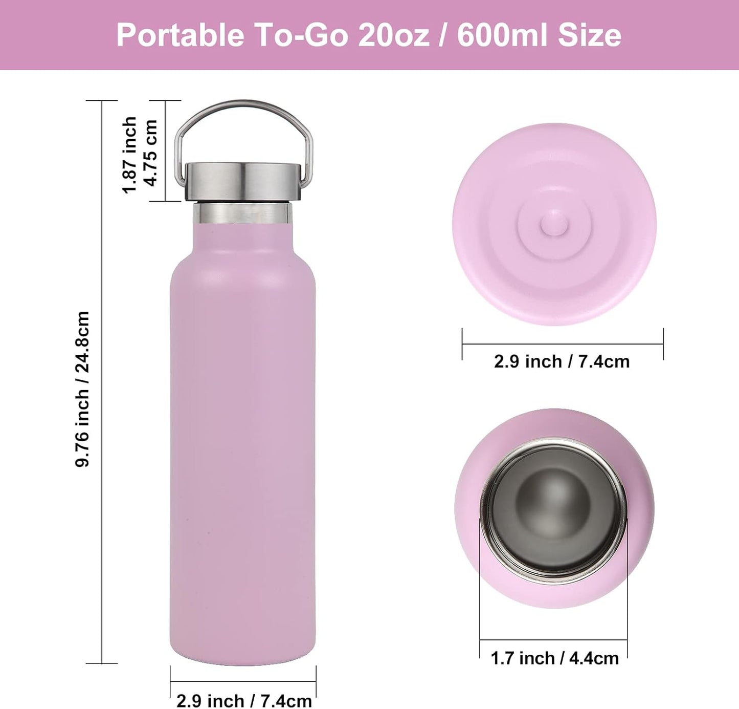 Neihepal 20 oz Insulated Water Bottles Bulk 8 Pack,Stainless Steel Double Wall Sport Bottle with Lid of Handle,Metal Reusable Flask with Cup Cap for School,Hikers,Gift (Pink,Set of 8)