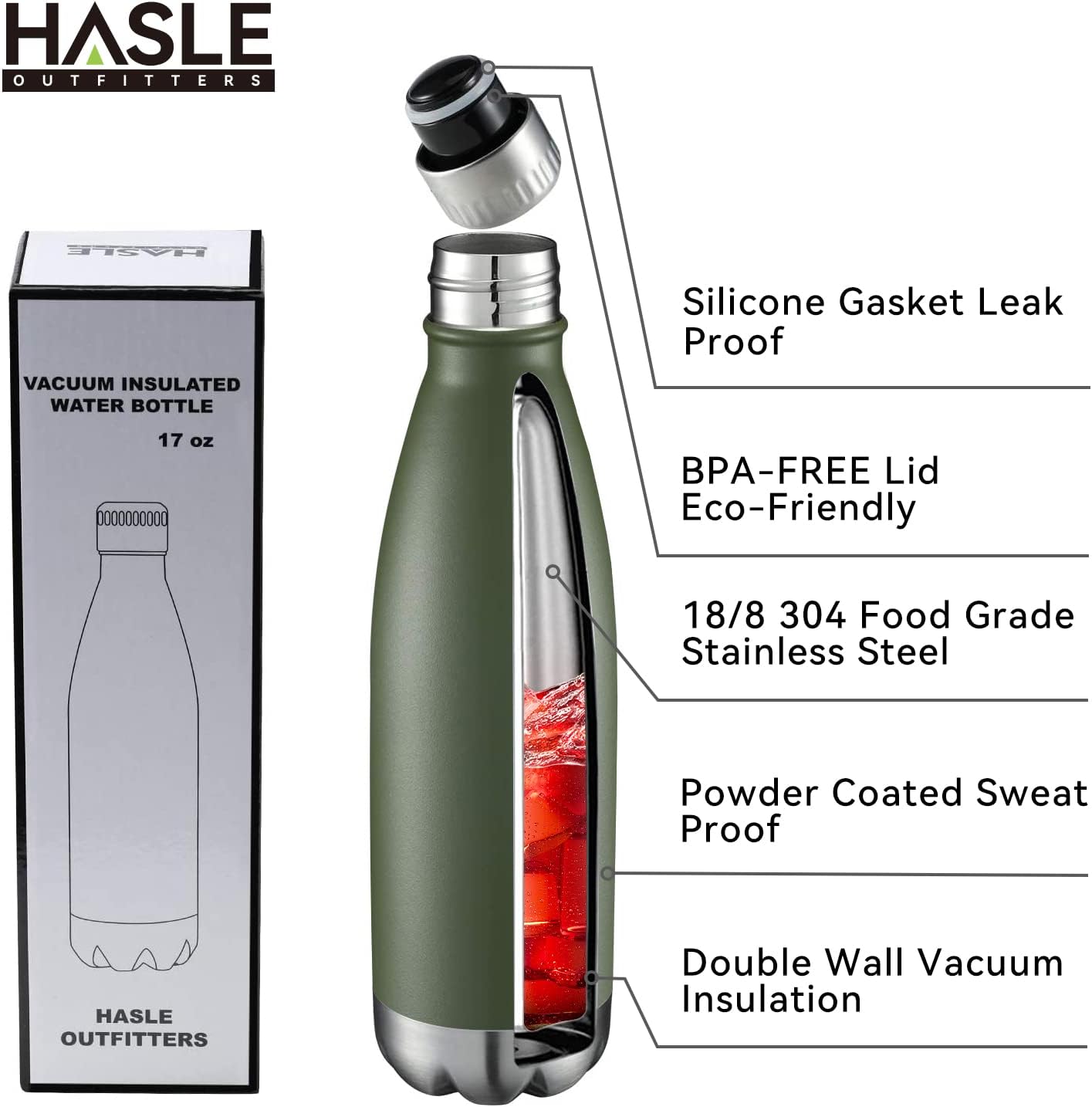 HASLE OUTFITTERS 17oz Stainless Steel Water Bottles Bulk, Vacuum Insulated Double Walled Powder Coated Reusable Metal Sports Water Bottles Keep Drinks Hot and Cold, ArmyGreen, 8Packs