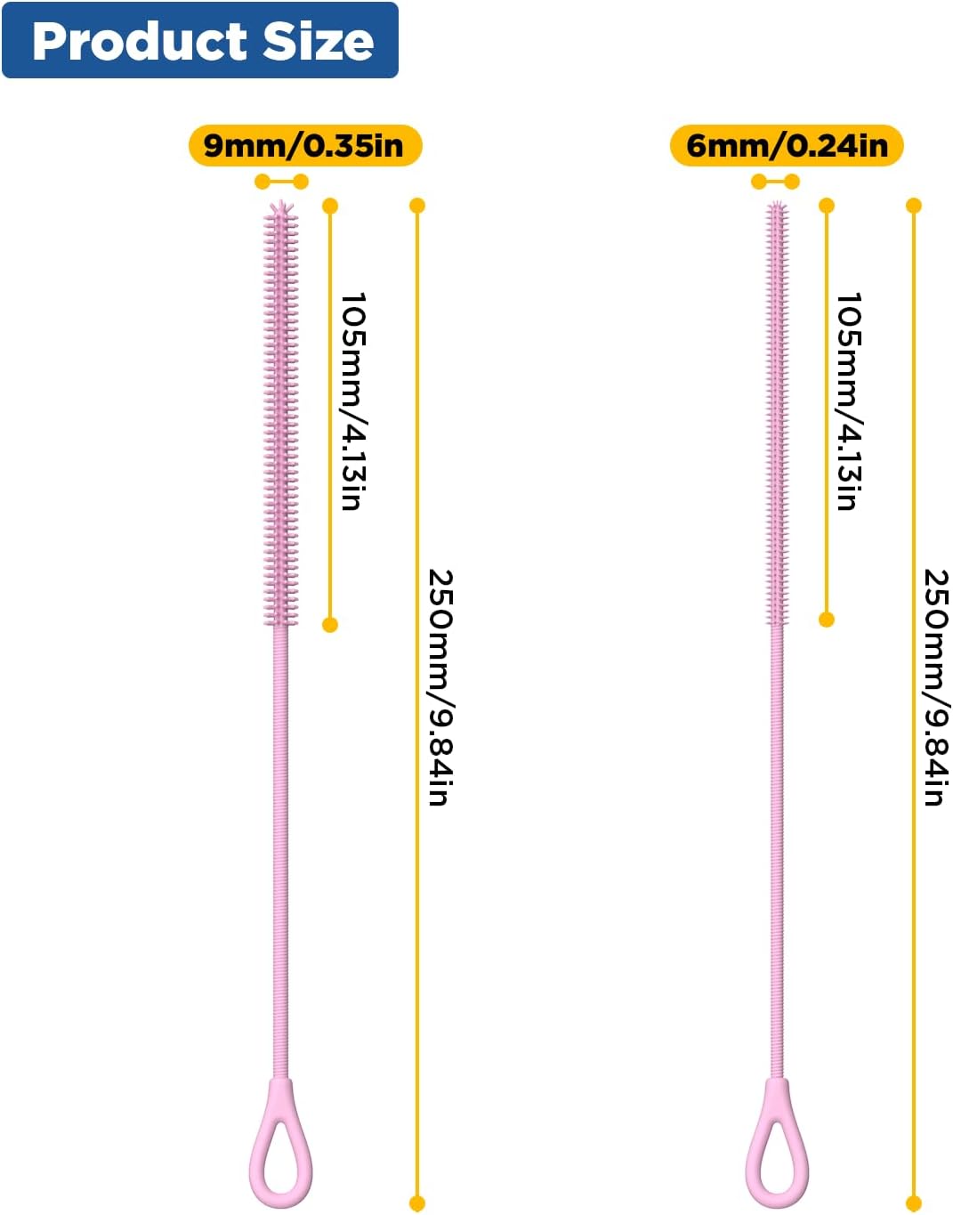 YOTIME Silicone Straw Cleaner Brush, 2Pcs Reusable Straw Brush Extra Long for Cleaning Tumbler with Handle and Glass Metal Smoothie Straws, Non-slip Handle Soft and Bendable, 6mm+9mm, Pink