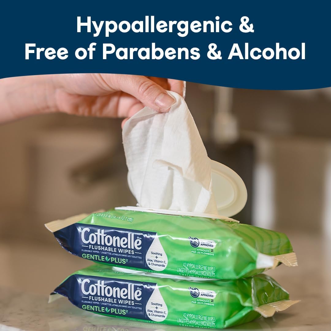 Cottonelle GentlePlus Flushable Wet Wipes with Aloe & Vitamin E, 2 Refill Packs, 168 Wipes Per Pack (336 Total), Packaging May Vary