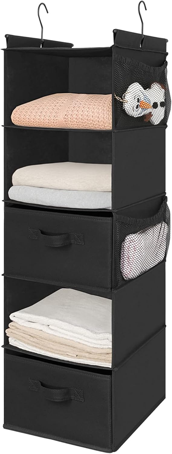 MAX Houser 5 Tier Shelf Hanging Closet Organizer, Cloth Hanging Shelf with 2 Sturdy Hooks for Storage, Foldable (Black-D2)