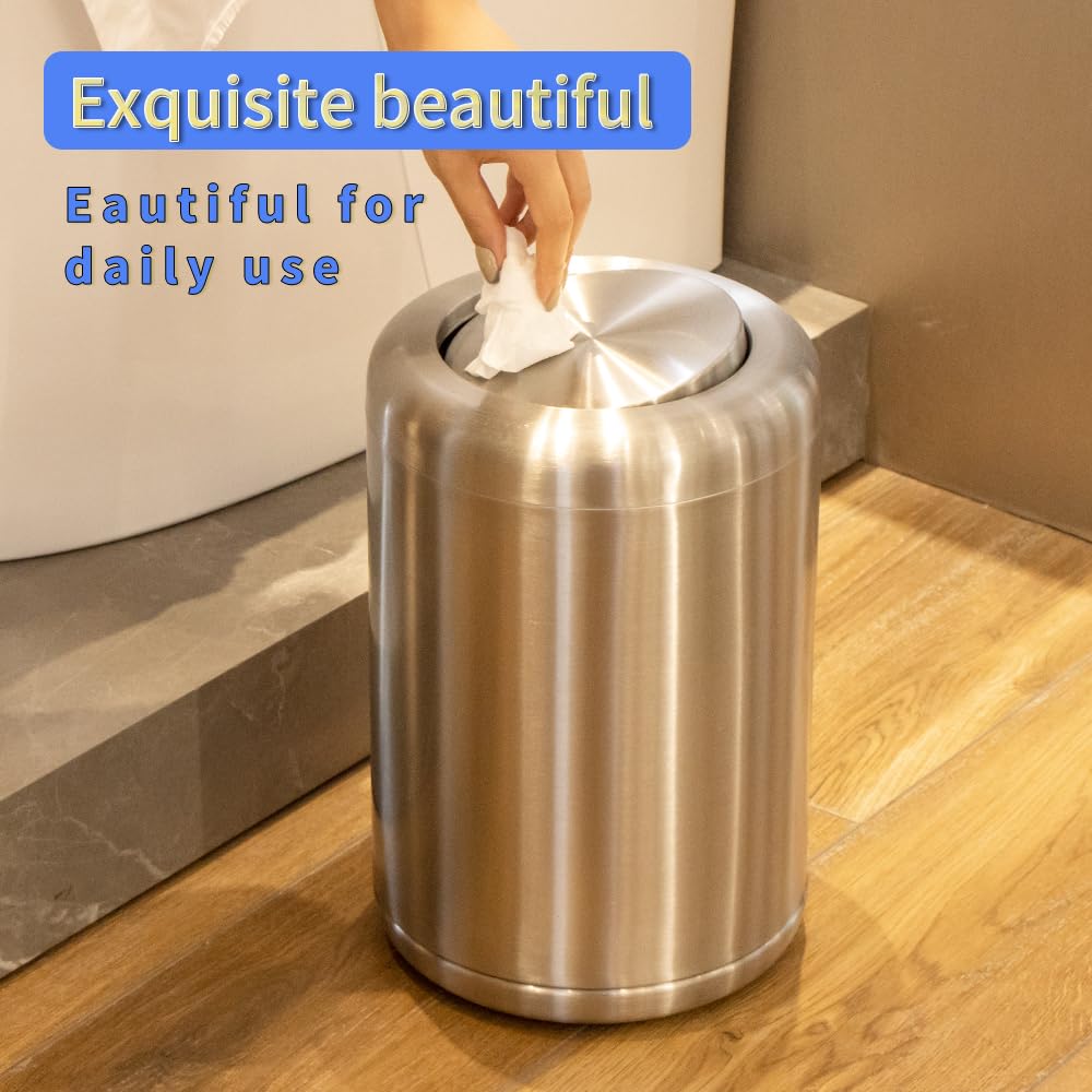 Waste Can 3 Gallon with Swing Lid，Brushed Stainless Steel Trash Can，Metal Cylindrical Garbage Can，Brass Wastebasket Bin for Bathroom,LivingRoom,Office,Kitchen,Bedroom,Hotel (Sliver)
