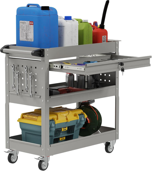 3 Tier Rolling Tool Cart on Wheels, Heavy-Duty Utility Cart Service Cart with Locked Drawers for Garage, Warehouse, Repair Shop, Workshop…