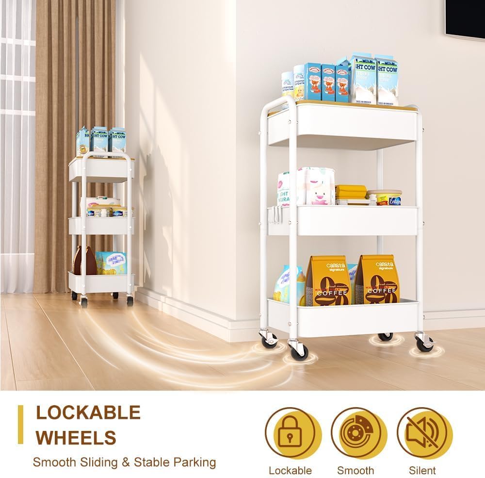 3 Tier Metal Utility Cart, Rolling Storage Cart with Wooden Tabletop, Metal Organizer Cart with Lockable Wheels for Office, Bedroom, Kitchen and Living Room (White)