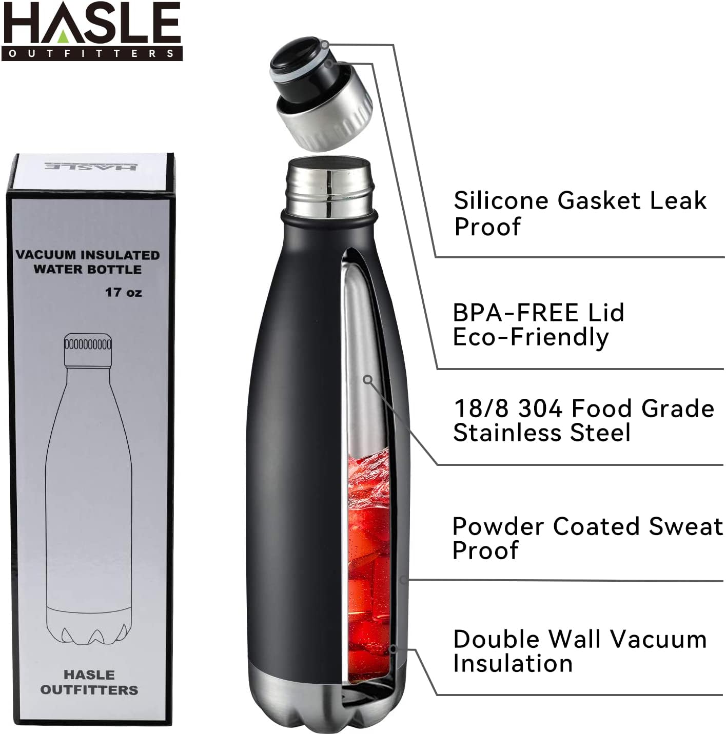 HASLE OUTFITTERS 17oz Stainless Steel Water Bottles, Vacuum Insulated Water Bottles Double Walled Reusable Metal Sports Water Bottles Keep Drinks Hot and Cold, Black, 1Pack