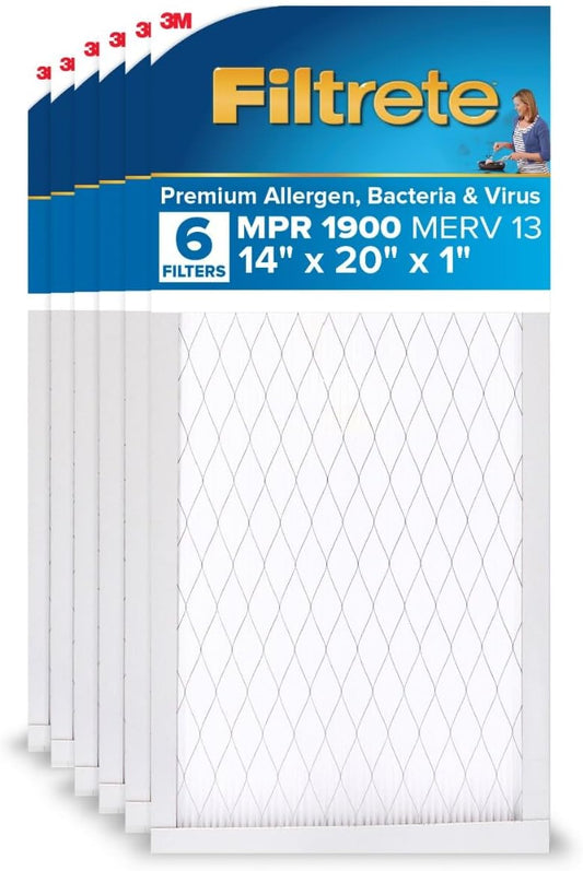 Filtrete 14x20x1 AC Furnace Air Filter, MERV 13, MPR 1900, Premium Allergen, Bacteria & Virus Filter, 3-Month Pleated 1-Inch Electrostatic Air Cleaning Filter, 6-Pack (Actual Size 13.81x19.81x0.78 in)