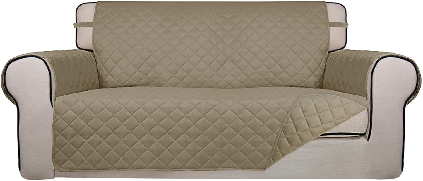 PureFit Reversible Quilted Sofa Cover, Water Resistant Slipcover Furniture Protector, Washable Couch Cover with Non Slip and Elastic Straps for Kids, Dogs, Pets (Oversized Loveseat, Beige/Beige)