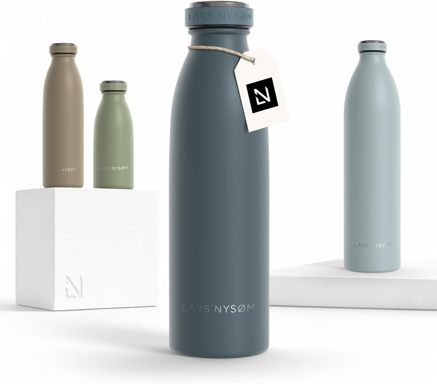 LARS NYSØM Stainless Steel Insulated Water Bottle 12oz 17oz 25oz 34oz 51oz | Insulated Thermo Flask for Hot and Cold Beverages | Leakproof Drinking Bottle (Stone Blue, 17oz)