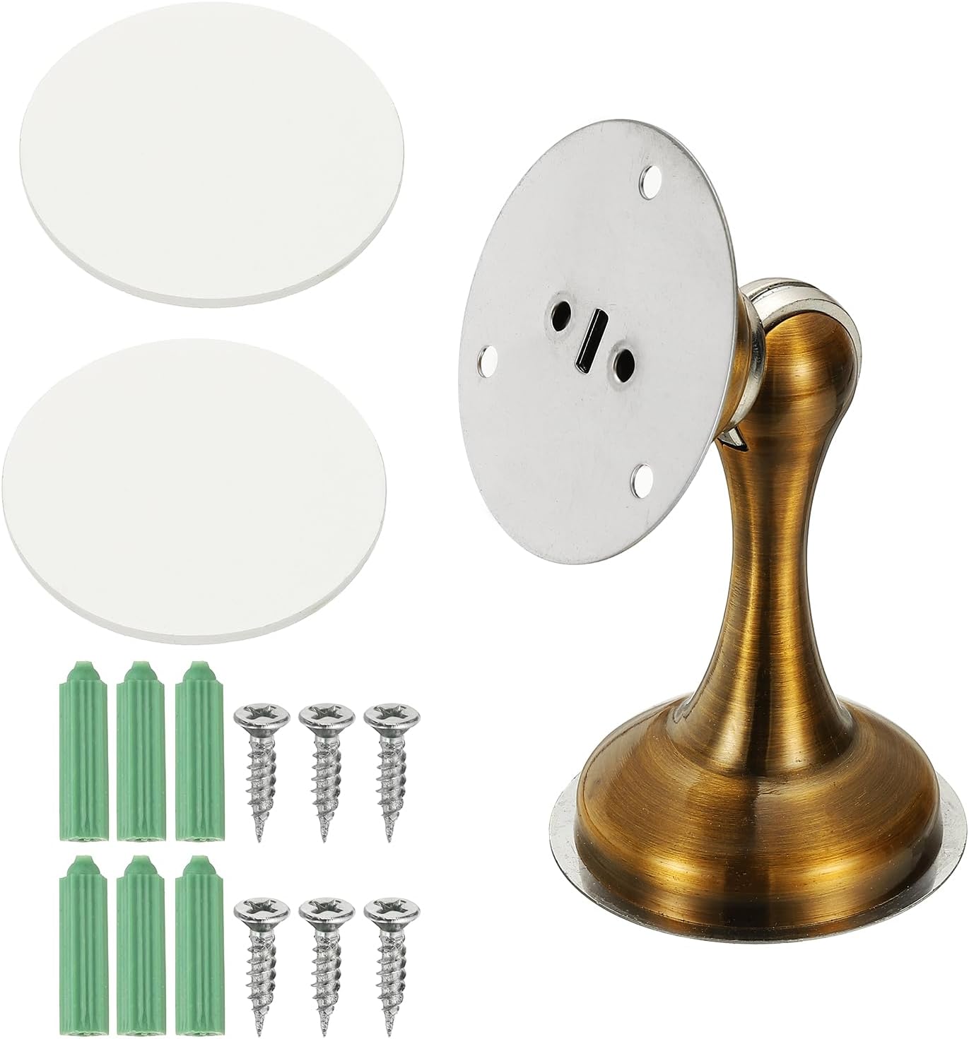 uxcell Magnetic Door Stopper, Stainless Steel Heavy Duty Door Holder, No Drilling Doors Knob Wall Protector with Self-AdhesiveTapes and Screws for Home Wall Floor Mounting, Yellow Bronze