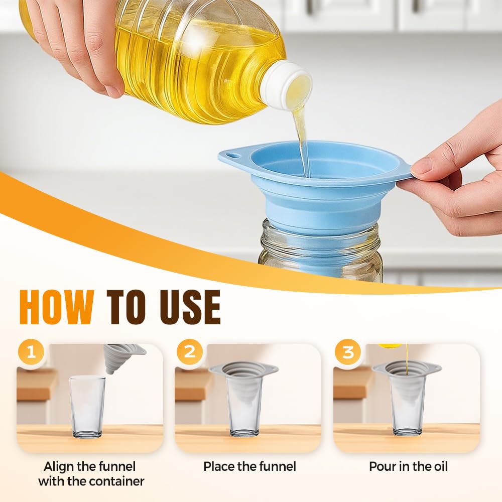 Kitchen Funnel Set 3 Pack, Collapsible Silicone Funnels for Filling Water Bottles & Small Bottles | Food-Grade, Easy Clean & Space-Saving (Mix Colors)