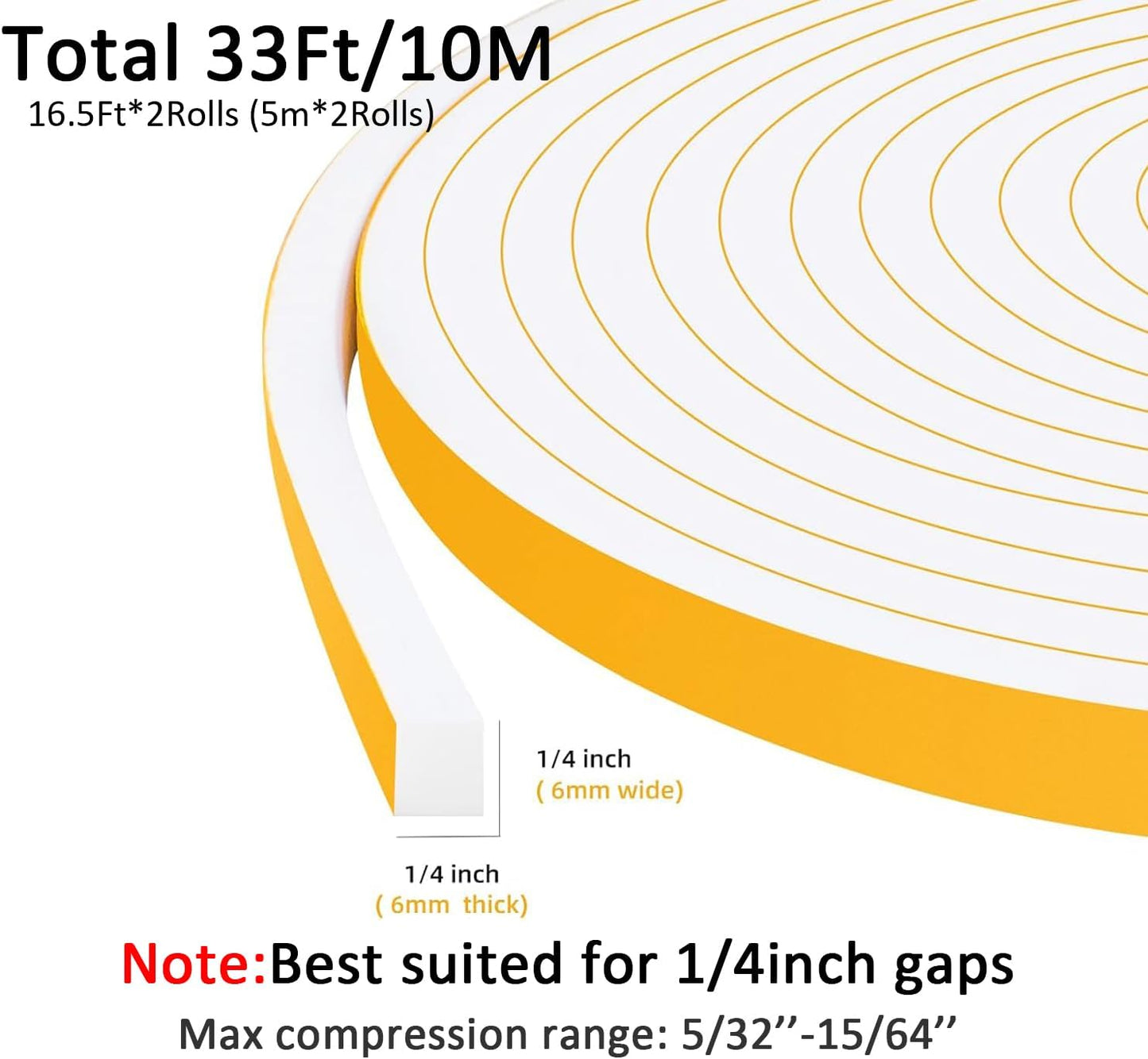 Door Weather Stripping for Doors and Window, Window Insulation Door Seal Tape, Self Adhesive Foam Gasket Tape, Foam Seal Strip Sliding Door Weather Strip, Energy-saving(1/4 in x 1/4 in x 33Ft)