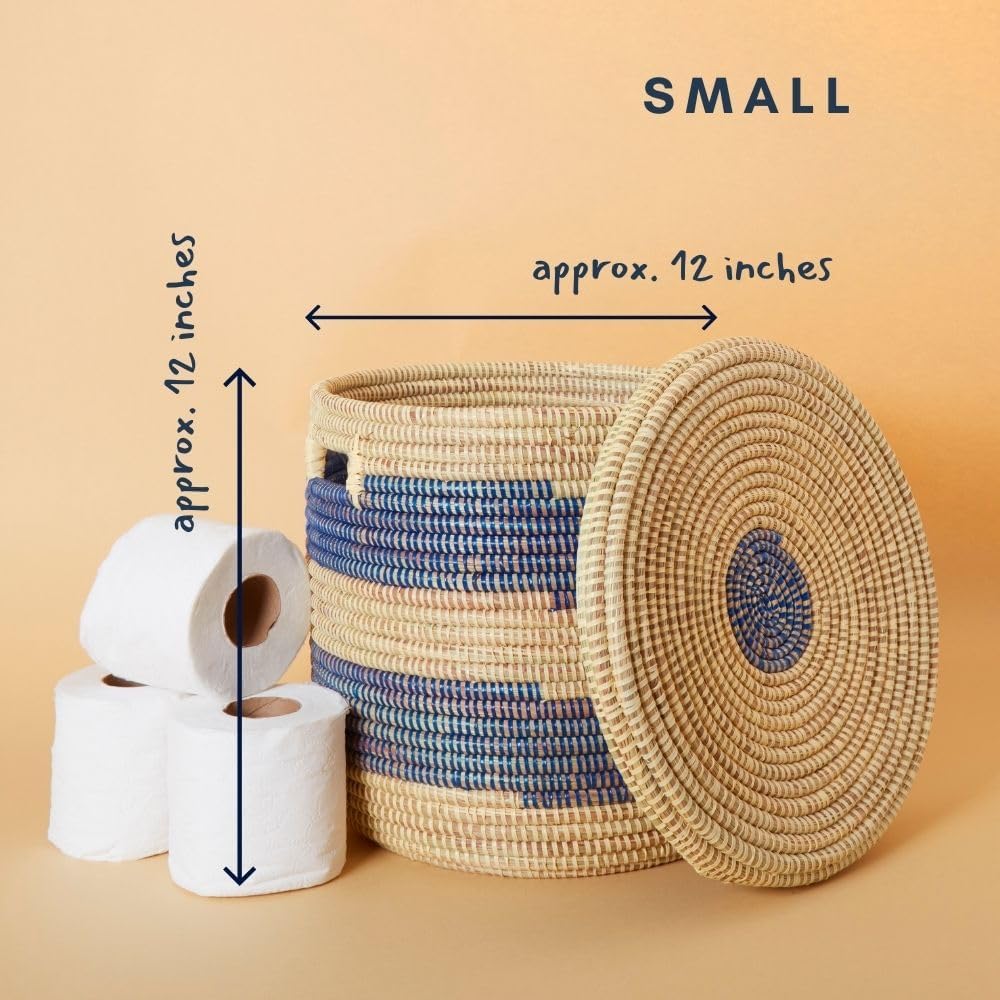 Storage & Organization - Laundry Basket, Bedroom Hamper, Nursery Toys Bin, Living Room Blankets Storage, Decorative, Wicker, Sturdy, Round, Handles, Woven, Blue Beige (Small)