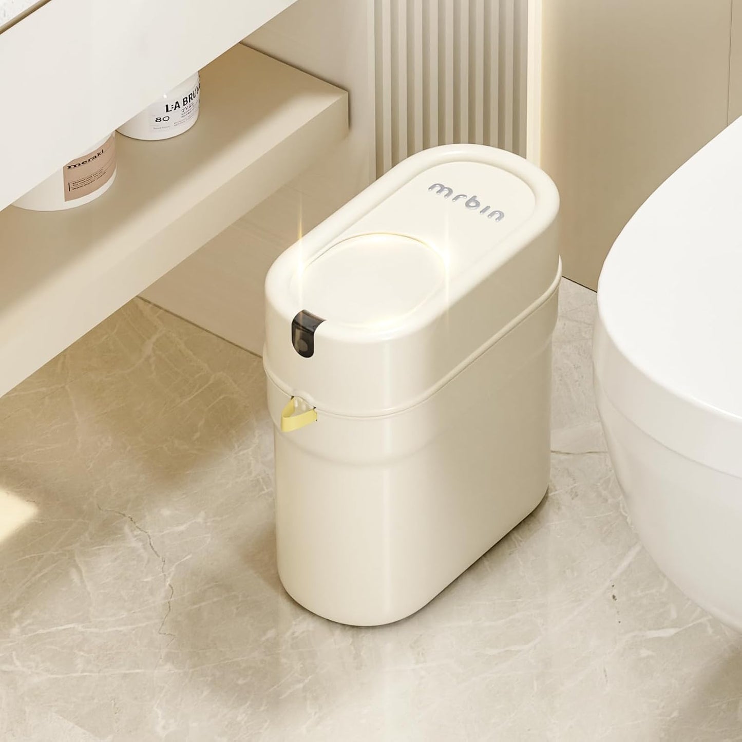 MRBIN Slim Automatic Bathroom Trash Can, 10L/2.6gal Touchless Pull Out Bagging Motion Sensor Waste Basket, Electric Smart Garbage Pail for Narrow Rv, Kitchen, Bedroom, White