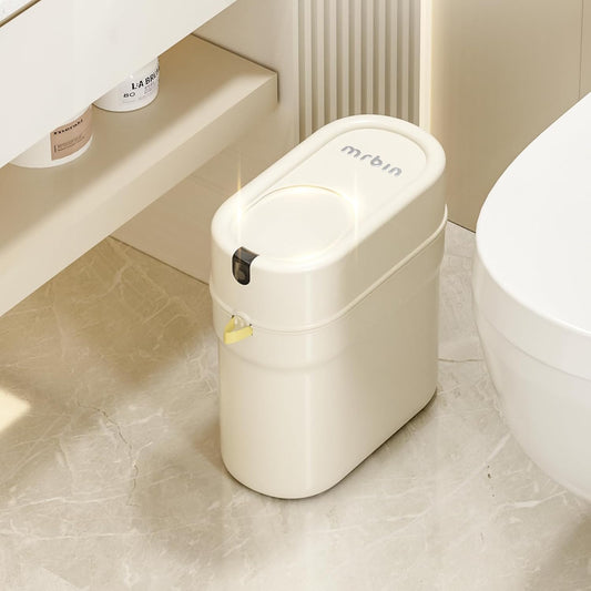 MRBIN Slim Automatic Bathroom Trash Can, 10L/2.6gal Touchless Pull Out Bagging Motion Sensor Waste Basket, Electric Smart Garbage Pail for Narrow Rv, Kitchen, Bedroom, White