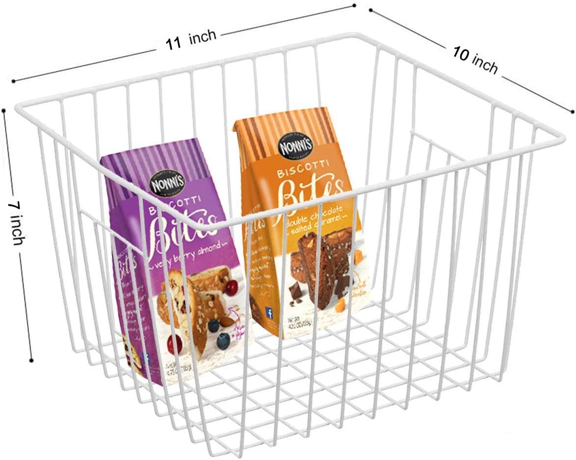 Deep Refrigerator Organizer Baskets, Metal Wire Baskets for Upright Freezer, Household Bin Basket with Handles for Kitchen, Cabinets, Pantry, Closets (11.8" L x 10" W x 7" H)