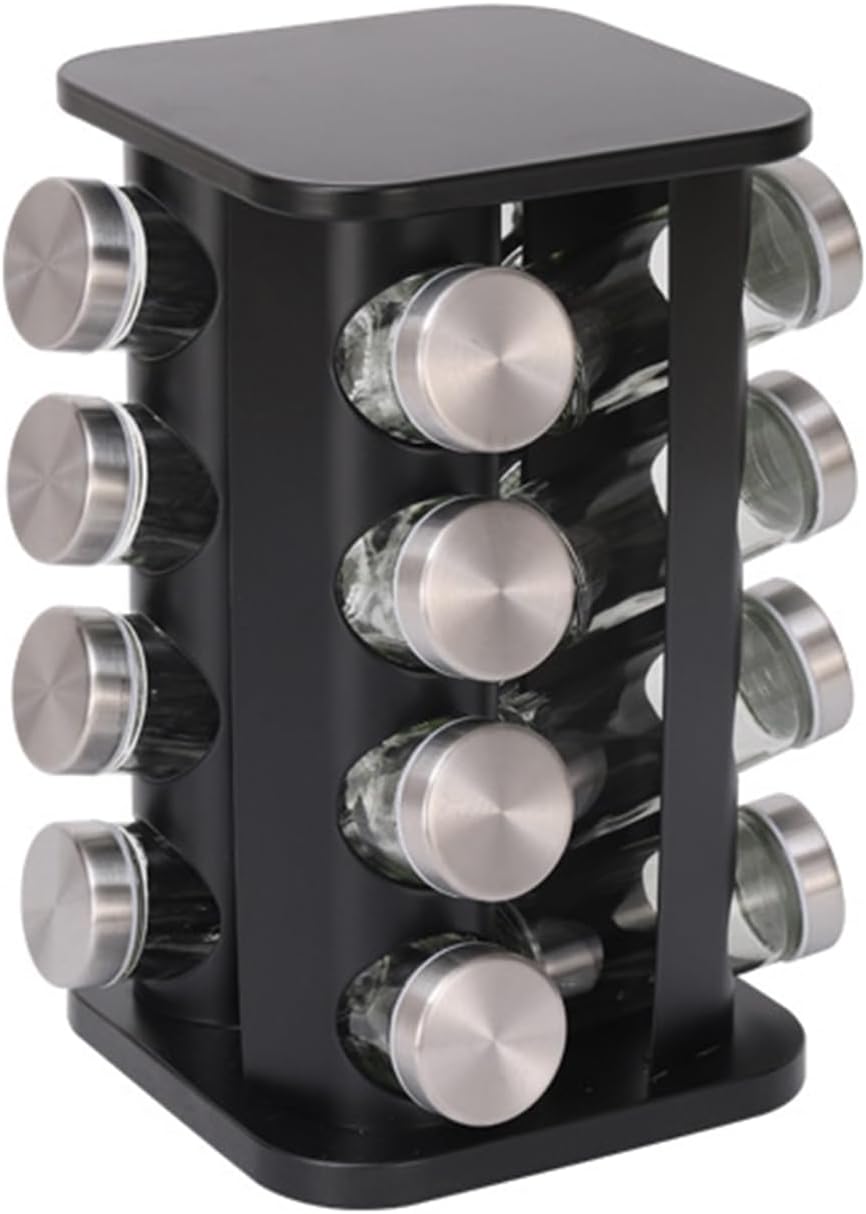 Spice Rack, Rotating Countertop Spice Rack Organizer, 16 Jars, Black, Stainless Steel