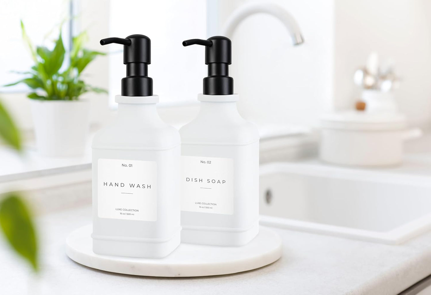 Emerson Essentials Glass Soap Dispenser Set – 16 oz 2-Pack – Refillable Dish & Hand Soap Dispensers for Kitchen or Bathroom – Stainless Steel Pump & Waterproof Labels Included