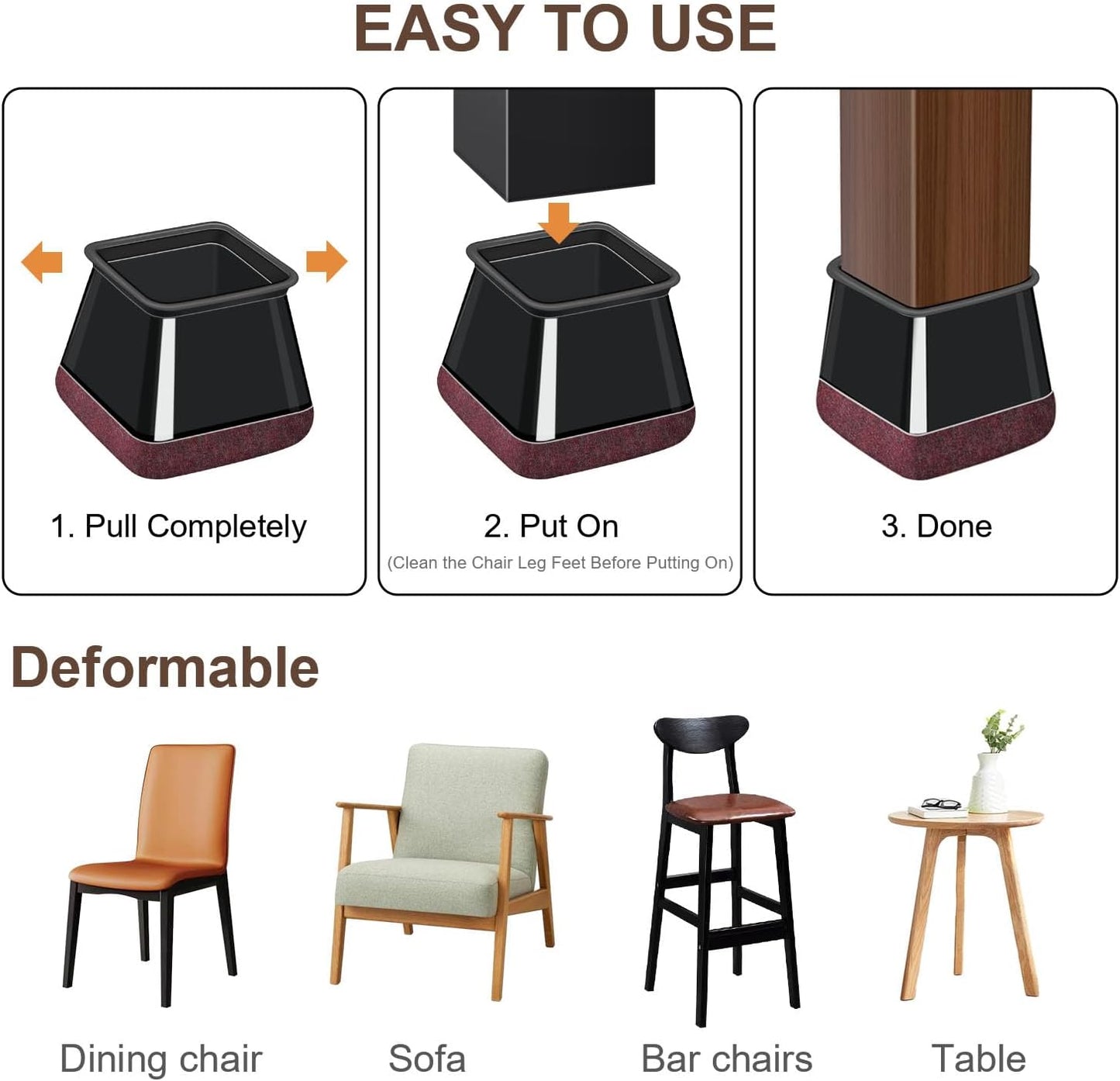 20 Pcs Chair Leg Floor Protectors for Hardwood Floors, Black Rubber Furniture Sliders with Felt, Silicone Furniture Leg Caps Covers (Fit Square Diameter:1.06" to 1.44")