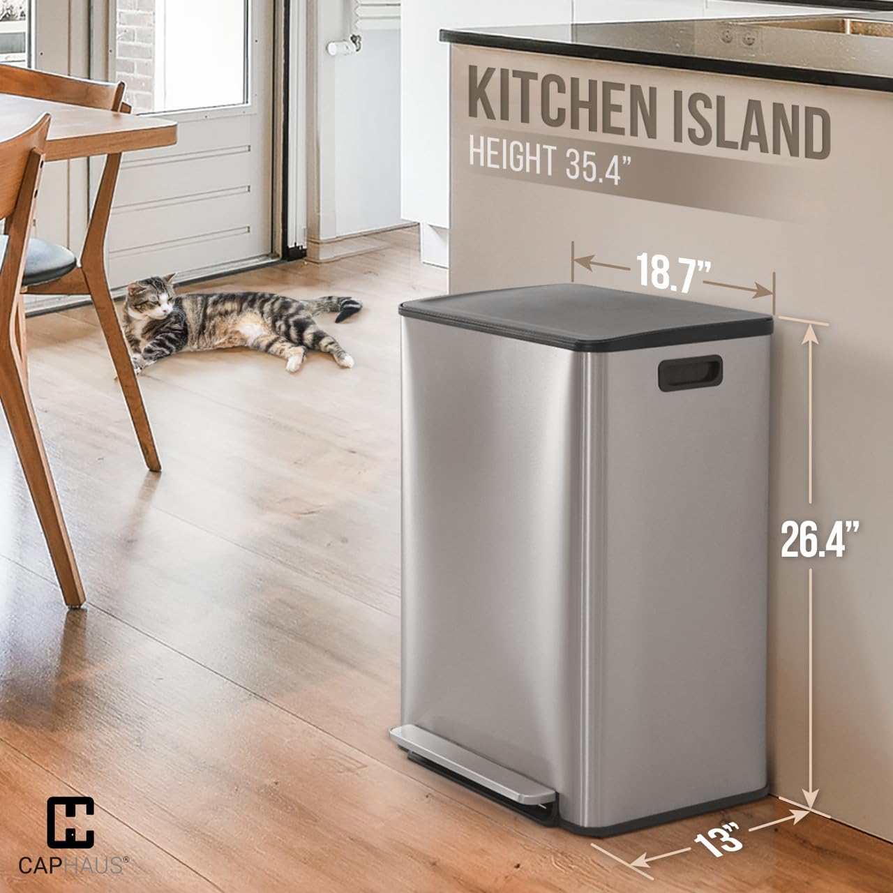 CAPHAUS Dual Trash Can with Lid, Trash and Recycling Bins Combo for Kitchen, Hands-Free Stainless-Steel Garbage Can with 2 Compartment, Hinged Lid, Odor Filter, Handles, 30L+30L, 2 x 8 Gallon