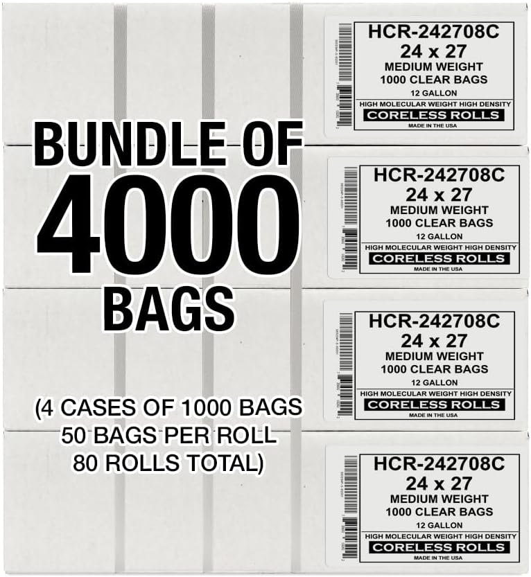 Aluf Plastics High Density Trash Bags, 12 Gallon, 4000 Count, 8 Micron (eq), 24" x 27", Clear, for Bathroom, Office, Industrial, Commercial, Janitorial, Municipal, Recycling